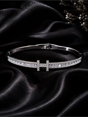 Silver Crystal H Accent Hinged Bangle Bracelet